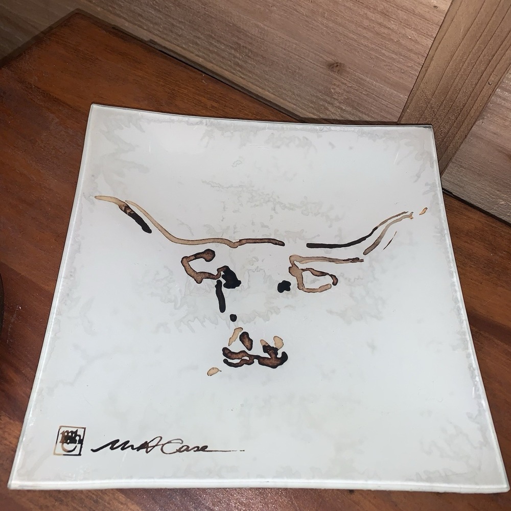 Mary H Case Longhorn Glass Tray Handpainted Artist Signed Limited Edition 8"x 8"